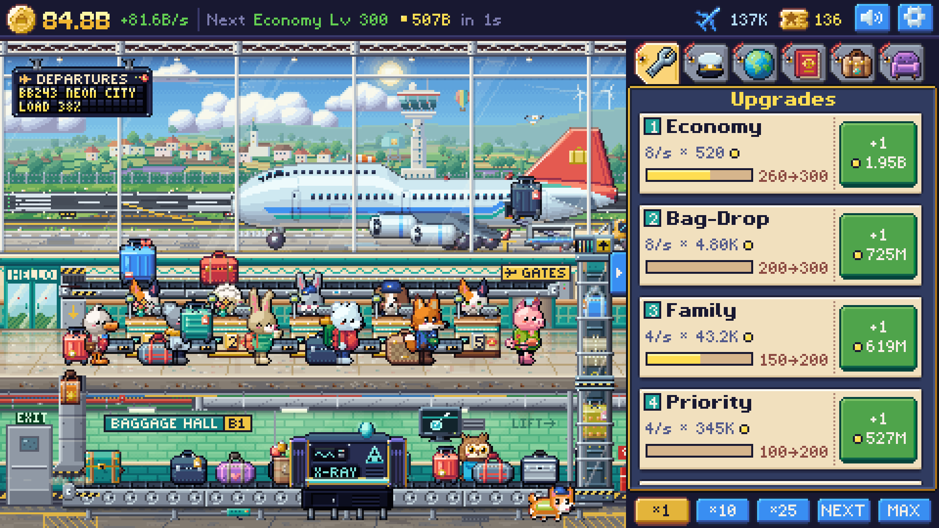 Animal travellers check in their bags at a busy Sunnyside Regional airport, with a passenger plane waiting outside.